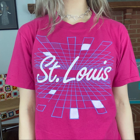 Vintage Tops - Vintage 90s St Louis Vaporwave Grid Single Stitch Neon USA Made Travel T…